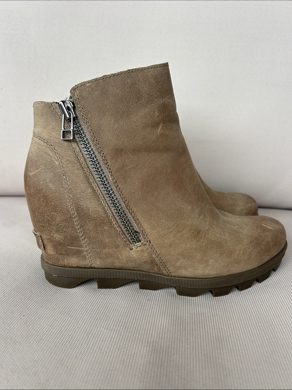 Sorel Taupe Suede Wedge Ankle Booties with Side Zip